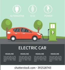 
Electric Car Flat Infographic Concept. Electric Car On Charging Station. Vector Electric Car Infographic  With Icons.