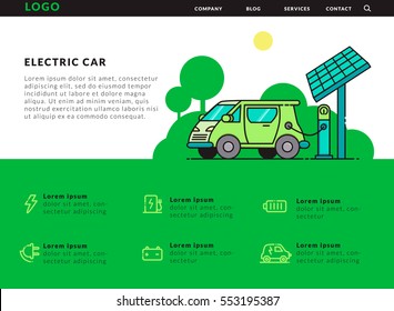 Electric Car Flat Infographic Concept. Electric Car On Charging Station. Vector Electric Car Infographic With Icons.