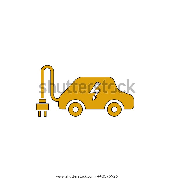 Electric car Flat yellow thin line symbol on white\
background. Vector\
icon