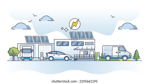 Electric car fleet with plug in company charging parking outline concept. Transport for sustainable, environmental friendly and carbon free business delivery cars vector illustration. Modern