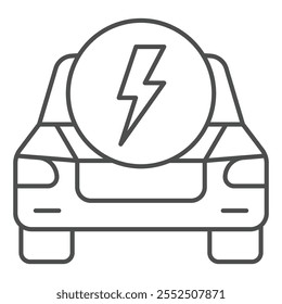 Electric car front lightning thin line icon, Electricity plug concept. Vector graphics. Automobile electric bubble sign on white background, outline style icon for mobile or web design