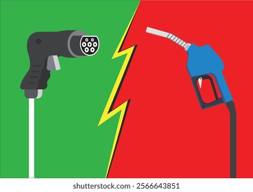 Electric car and fuel fight. Gas fuel vs ev plug charg. Vector stock illustration. stock illustration