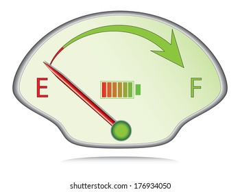 Electric car fuel gauge vector design with indicator and arrow. Red indicator is indicating empty.
