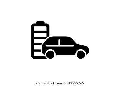 Electric car and fully charged battery energy indicator black icon. Electrical transportation accumulator charger symbol. Full charging electro power auto. Green eco friendly vehicle recharge eps sign