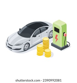 Auto eléctrico, gasolinera eléctrica, dinero. Vector 3d isométrico, iconos web de color, nuevo estilo plano. Idea de diseño creativo para infografías.