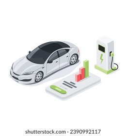 Auto eléctrico, gasolinera, estadísticas. Vector 3d isométrico, iconos web de color, nuevo estilo plano. Idea de diseño creativo para infografías.