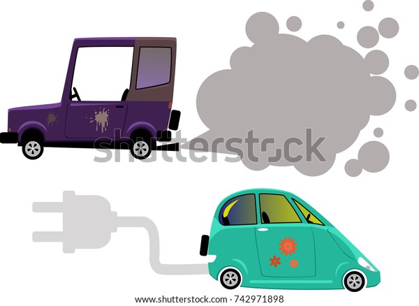 Electric car and gasoline or diesel car\
emission, EPS 8 vector\
illustration