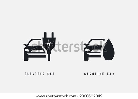 Electric car and gasoline car vector icon. Eco friendly power is electric. Two cars with different energy source.