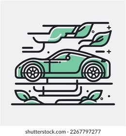 Electric car with green city street skyline. Battery EV vehicle plugged and getting electricity from renewable power generations solar panel, wind turbine. Vehicle being charged.