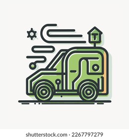 Electric car with green city street skyline. Battery EV vehicle plugged and getting electricity from renewable power generations solar panel, wind turbine. Vehicle being charged.
