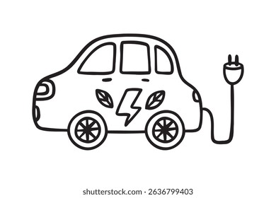  electric car. Green eco friendly electric car icon doodle hand drawn. Outline clipart symbol. Vector illustration