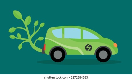 Electric Car With Green Exhaust In The Form Of A Green Tree