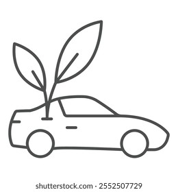 Electric car and green leaf thin line icon, Eco car energy concept. Vector graphics. Automobile race car sign on white background, outline style icon for mobile or web design
