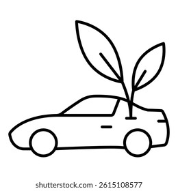Electric car and green leaf thin line icon, Eco car energy concept. Vector graphics. Automobile race car sign on white background, linear style mobile or design