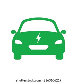 Electric Car Green Silhouette Icon. Eco Electro EV with Bolt Green Symbol. Electric Car with Lightning Sign. Ecology Hybrid Vehicle Glyph Pictogram. Electronic Automobile Logo. Vector Illustration.