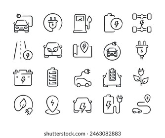 Electric car hand drawn doodle sketch style line icons. Vector illustration.