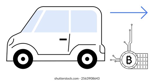 An electric car is heading towards a Bitcoin icon with circuitry design and blue arrow symbolizing forward movement. Ideal for sustainable transportation, cryptocurrency, technology, innovation