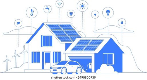 Electric car home charging station. Isolated vector line art illustration of sustainable lifestyle with solar panels and wind turbines.