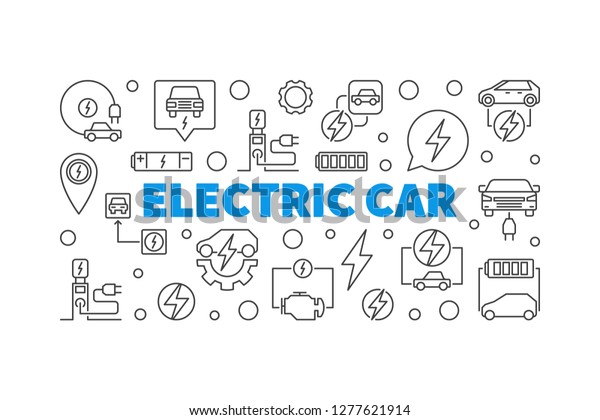 Electric car horizontal banner in thin line\
style. Vector concept\
illustration