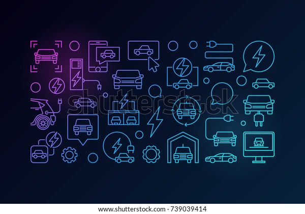 Electric car horizontal colorful line banner -\
vector illustration made with linear car, EV, charging stations\
icons on dark\
background