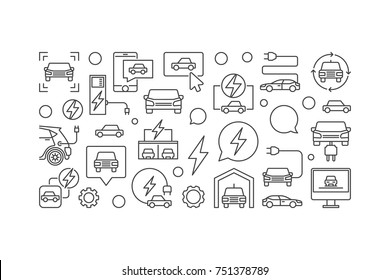 Electric car horizontal line banner. Vector illustration made with outline car, EV, charging stations icons