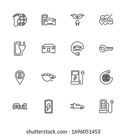 Electric Car, Hybrid Engine outline icons set. Black symbol on white background. Electric Car Hybrid Engine Simple Illustration Symbol lined simplicity Sign. Flat Vector thin line Icon editable stroke