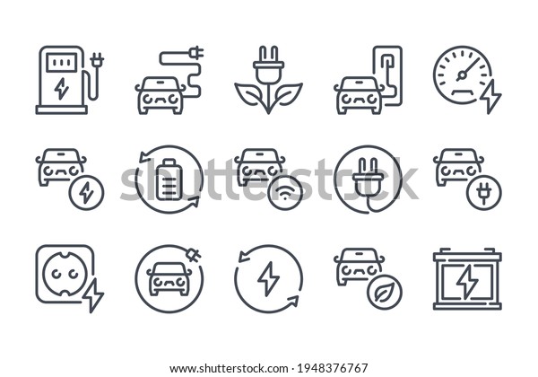 Electric car and Hybrid\
vehicle line icon set. Eco fuel station and Auto charging linear\
icons. Battery power and Alternative energy sources outline vector\
sign collection.