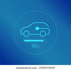 Electric car icon. Battery charging process 90% percent. Eco friendly vehicle concept. Vector illustration.