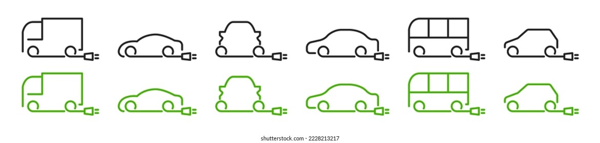 Icono de coche eléctrico. Coche eléctrico con cable de carga.  Colección de coches ecológicos. Ilustración aislada del vector.