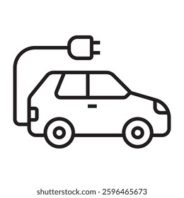 Electric car icon with charging plug, eco-friendly vehicle and sustainable transportation symbol, black and white vector illustration isolated on white background.