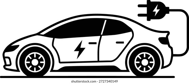 Elektroauto-Symbol mit Ladestecker, Vektorgrafik. Seitenansicht des modernen Elektrofahrzeugs. Umweltfreundliches Verkehrskonzept und umweltfreundliches Energiekonzept. Schwarze Silhouette einzeln auf weißem Hintergrund.
