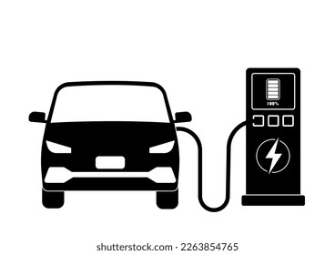 Electric Car Icon. Electric Car Charging at the Station. Vector Illustration Isolated on White Background.
