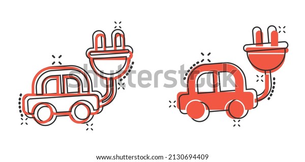 Electric car icon in comic style.\
Electro auto cartoon vector illustration on white isolated\
background. Ecology transport splash effect business\
concept.