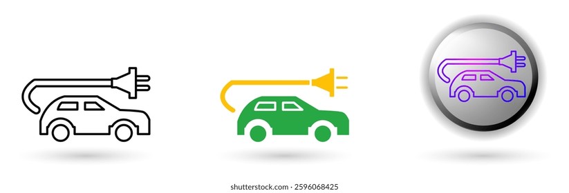 Electric Car icon displays smart vehicles based on technology and digital innovation. Available in outline, solid, and glossy effects, ideal for smart city applications, future city industries etc.