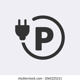 Electric car icon. Electrical automobile cable contour and plug charging black symbol. Eco friendly electro vector electricity illustration