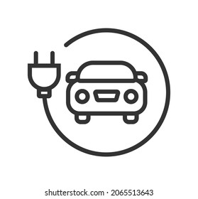 Electric car icon. Electrical automobile cable contour and plug charging black symbol. Eco friendly electro vector electricity illustration