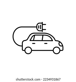 Electric car icon. Electrical automobile cable contour and plug charging black symbol. Eco friendly electro auto vehicle concept. Vector electricity illustration