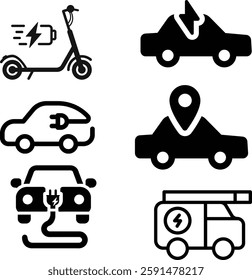 Electric car icon. Electrical automobile cable contour and plug charging black symbol. Eco friendly electro auto vehicle concept. Vector electricity illustration