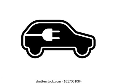 Electric car icon. Electrical cable plug charging station black symbol. Eco friendly electric auto vehicle logo concept. Vector eps electricity illustration