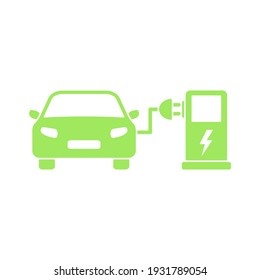 Electric Car Icon. Electrical Charging Station Concept. ECO Green Vehicle Symbol. Vector Electric Refueling Illustration Isolated On White.