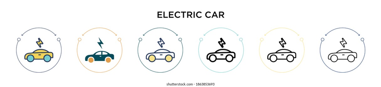 Icono de coche eléctrico en el estilo relleno, delgado, contorno y trazo. Ilustración vectorial de dos diseños de iconos de vectores de coches eléctricos de color y negro para móviles, ui, web