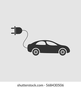 Electric car icon flat. Black pictogram on grey background. Vector illustration symbol