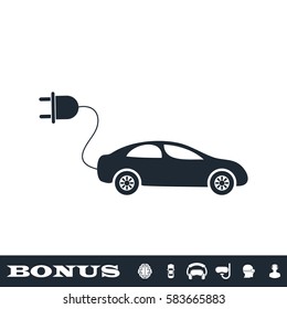 Electric car icon flat. Black pictogram on white background. Vector illustration symbol and bonus button