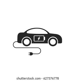 Electric car icon flat. Black eco car symbol on white background. Vector illustration.