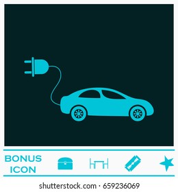Electric car icon flat. Blue pictogram on dark background. Vector illustration symbol and bonus icons