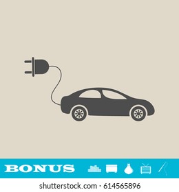 Electric car icon flat. Grey pictogram on light background. Vector illustration symbol and bonus button real estate, ottoman, vase, tv, fishing rod