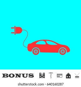 Electric car icon flat. Red pictogram on blue background. Vector illustration symbol and bonus buttons Music center, corkscrew, credit card, house, drum