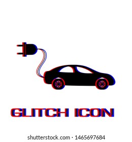 Electric car icon flat. Simple pictogram - Glitch effect. Vector illustration symbol