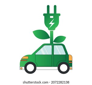Electric car icon. Green charging power cord plug. Environmentally friendly electric vehicle concept. Vector illustration

