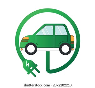 Electric car icon. Green charging power cord plug. Environmentally friendly electric vehicle concept. Vector illustration
